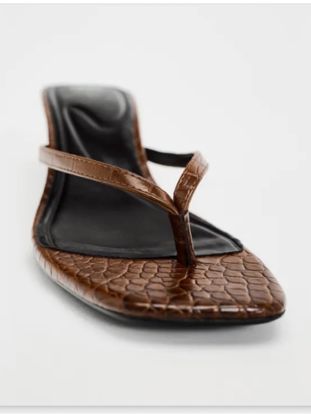 Zara Brown Croc-Embossed Square-Toe Thong Kitten Heel Sandal 38